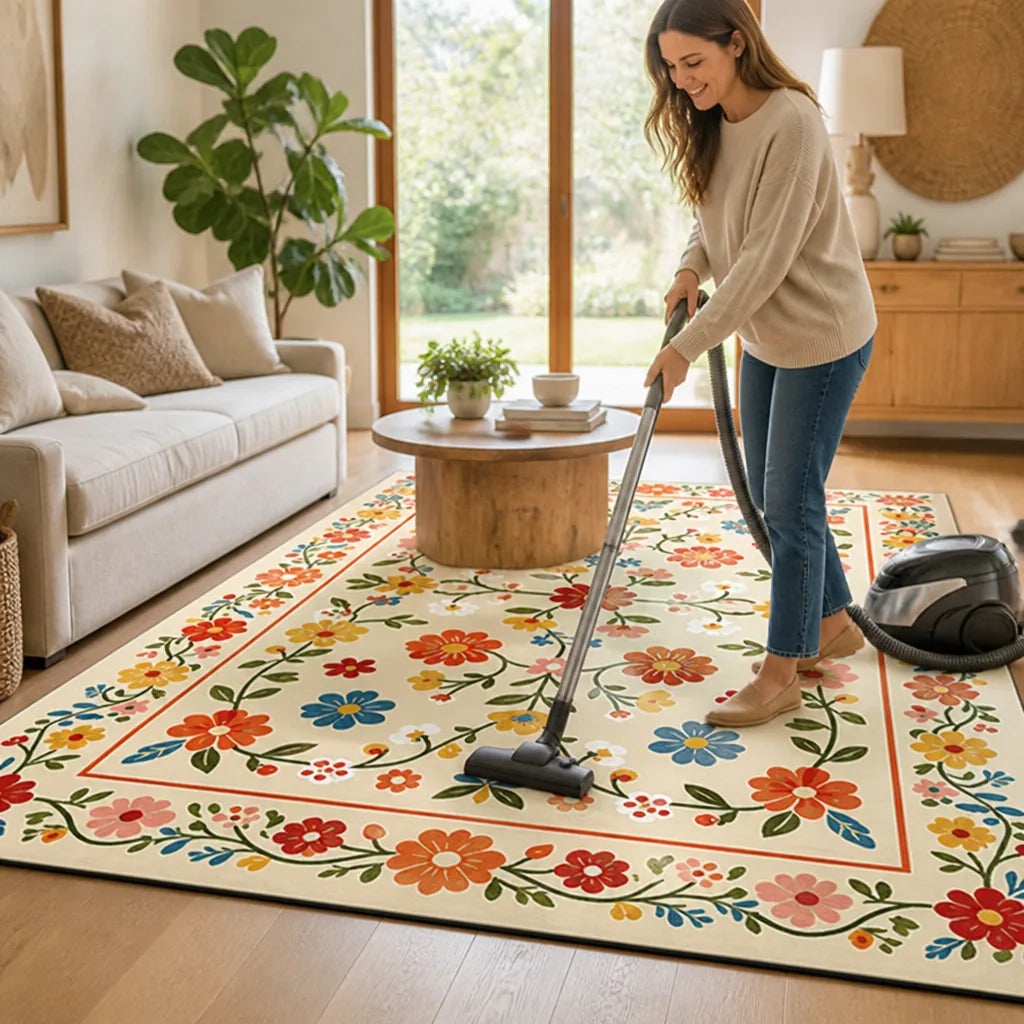 Area Rug Floral Pattern Non-Slip Backing & Easy-Clean