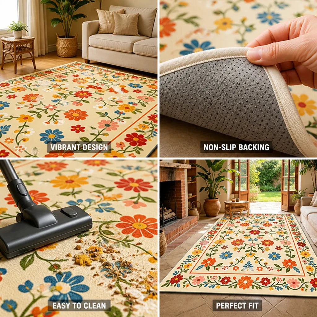 Area Rug Floral Pattern Non-Slip Backing & Easy-Clean