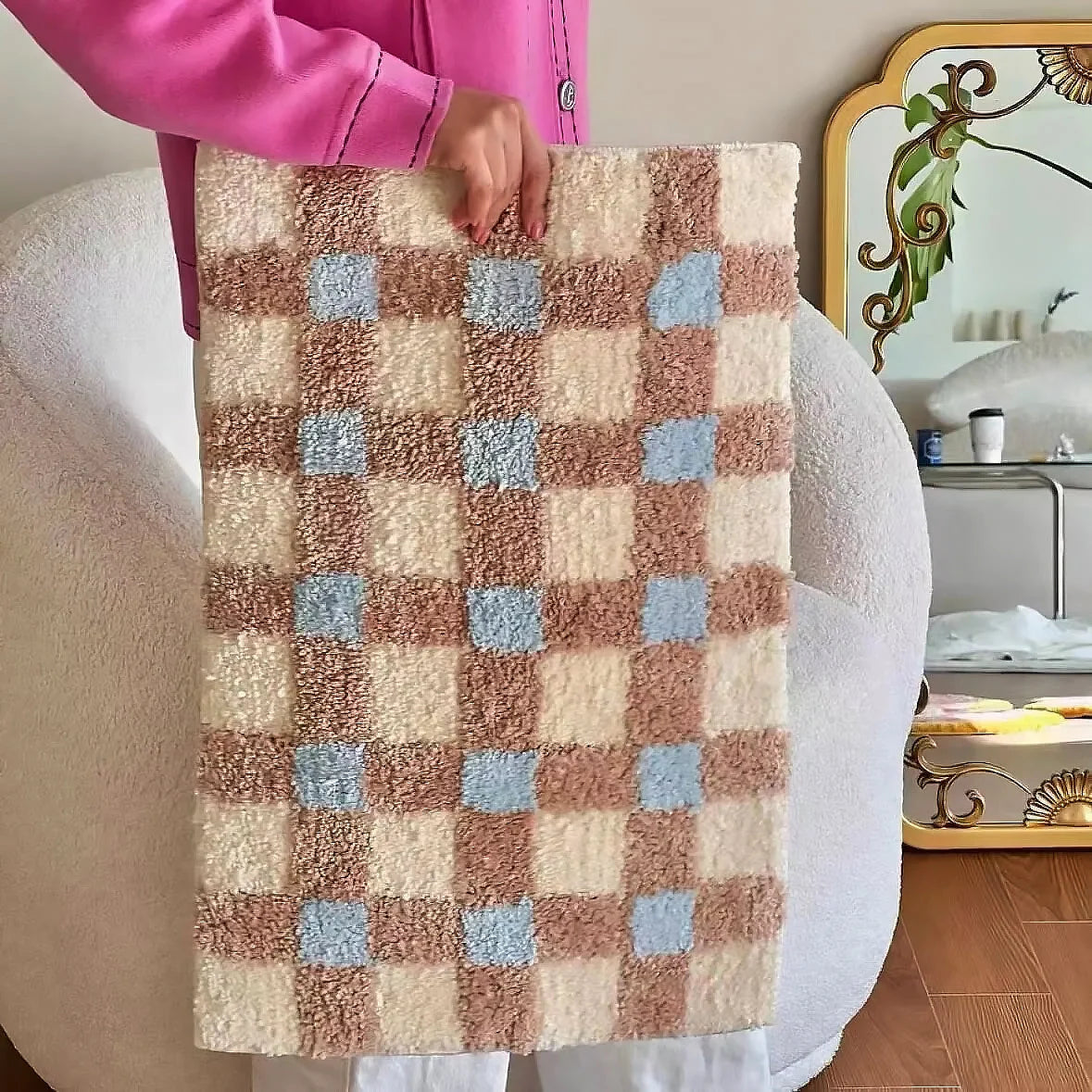 Area Rug Plush Checkered Non-Slip Machine Washable