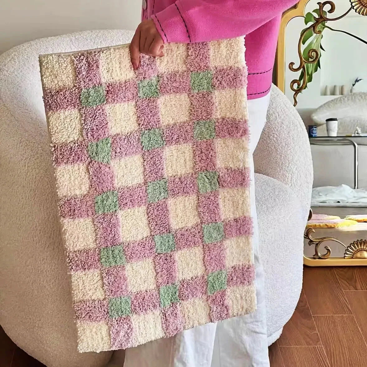 Area Rug Plush Checkered Non-Slip Machine Washable