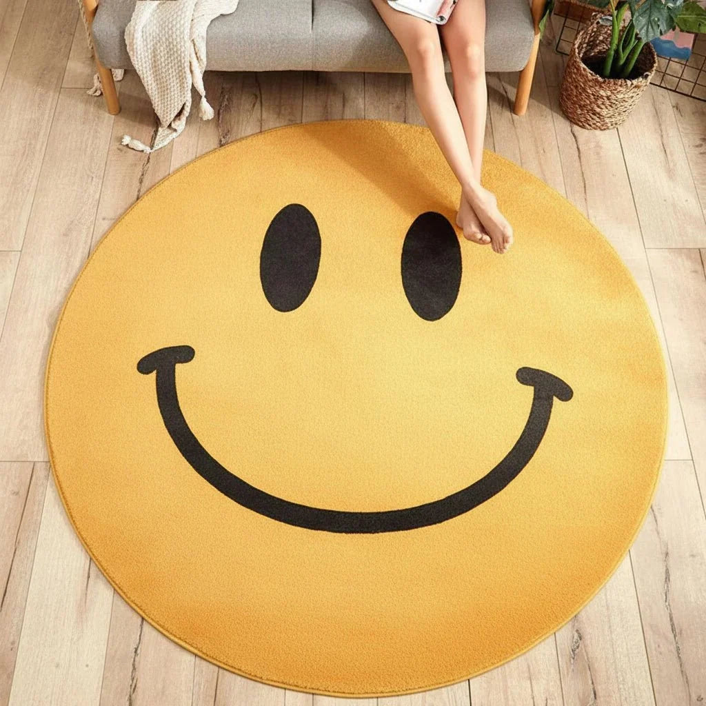 Area Rug Round Yellow Smiley Fleece Machine Washable