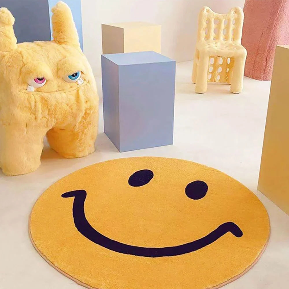 Area Rug Round Yellow Smiley Fleece Machine Washable
