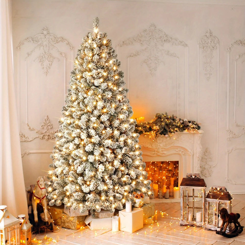 Artificial Christmas Tree Pre-Lit Warm Lights Snow-Flocked Branches