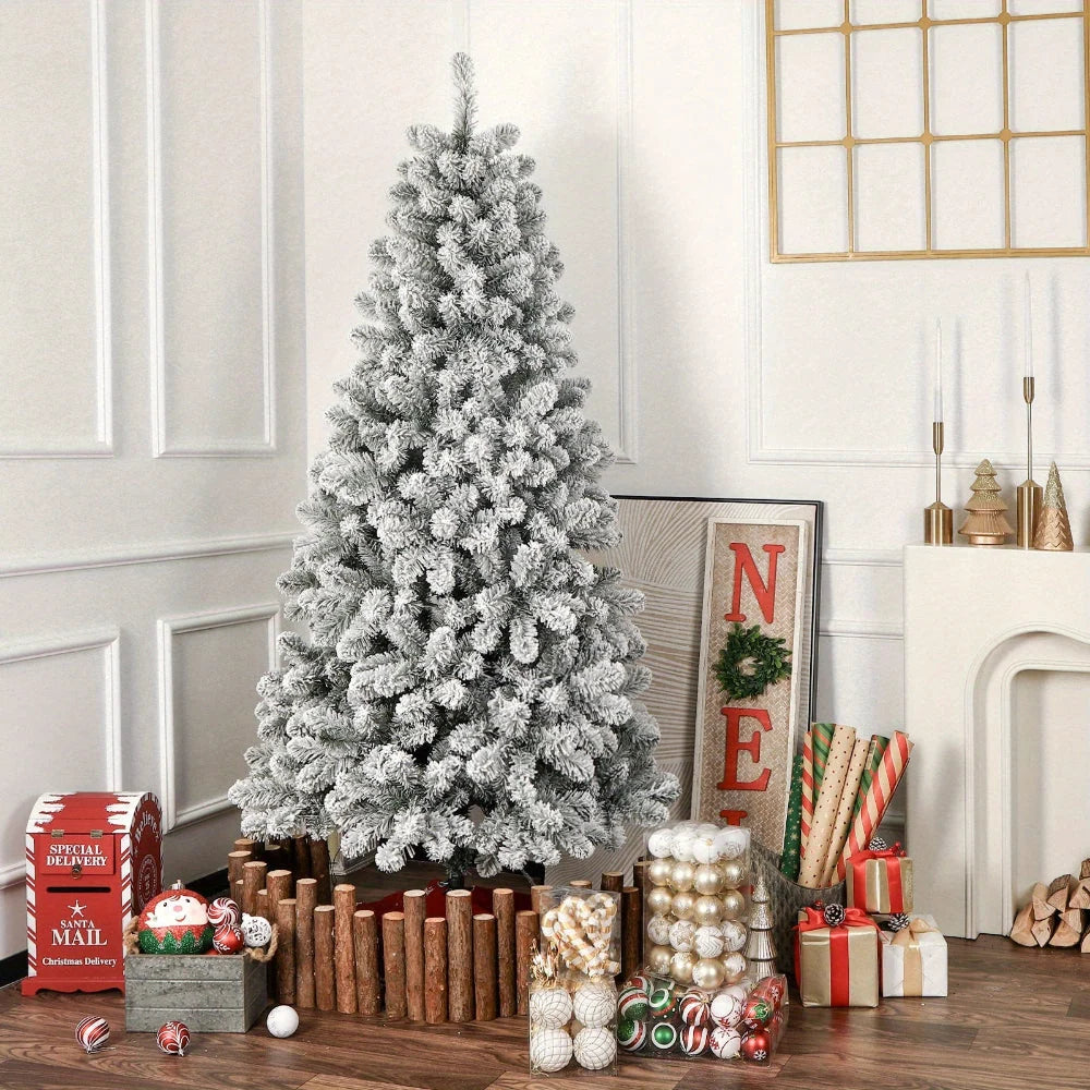 Artificial Christmas Tree Pre-Lit Warm Lights Snow-Flocked Branches