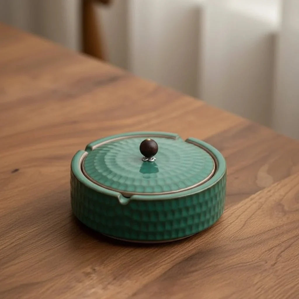 Ashtray Glazed Ceramic Deep Bowl Wooden Lid
