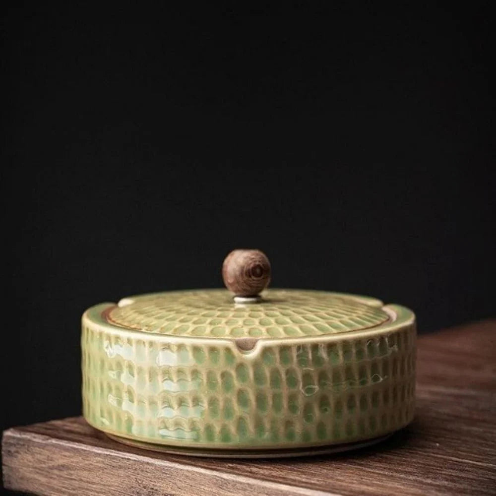 Ashtray Glazed Ceramic Deep Bowl Wooden Lid