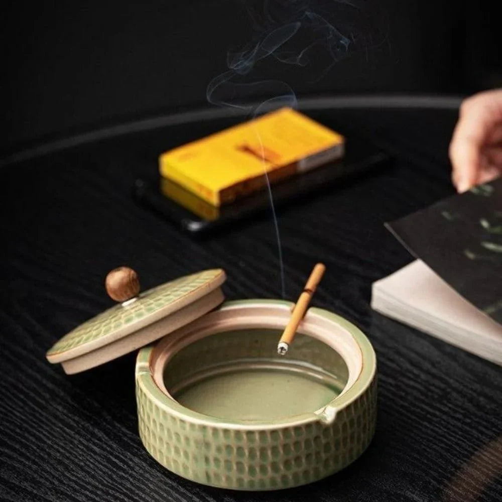 Ashtray Glazed Ceramic Deep Bowl Wooden Lid