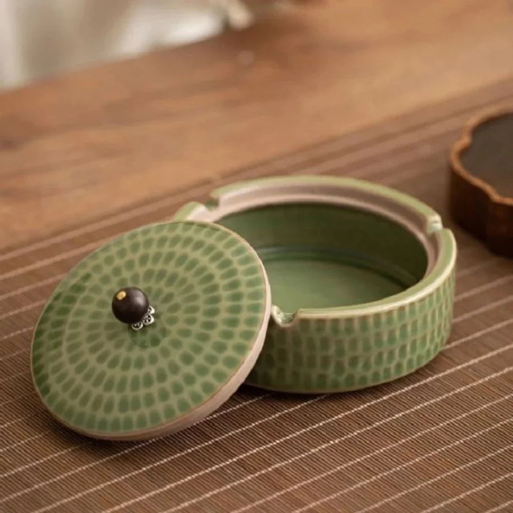 Ashtray Glazed Ceramic Deep Bowl Wooden Lid