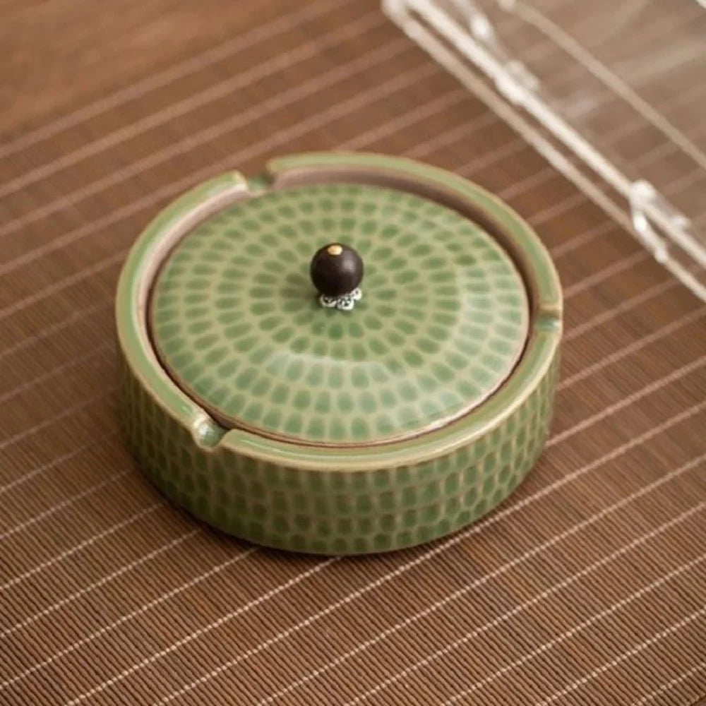 Ashtray Glazed Ceramic Deep Bowl Wooden Lid