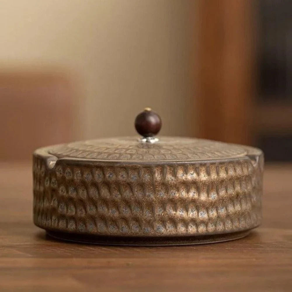 Ashtray Glazed Ceramic Deep Bowl Wooden Lid
