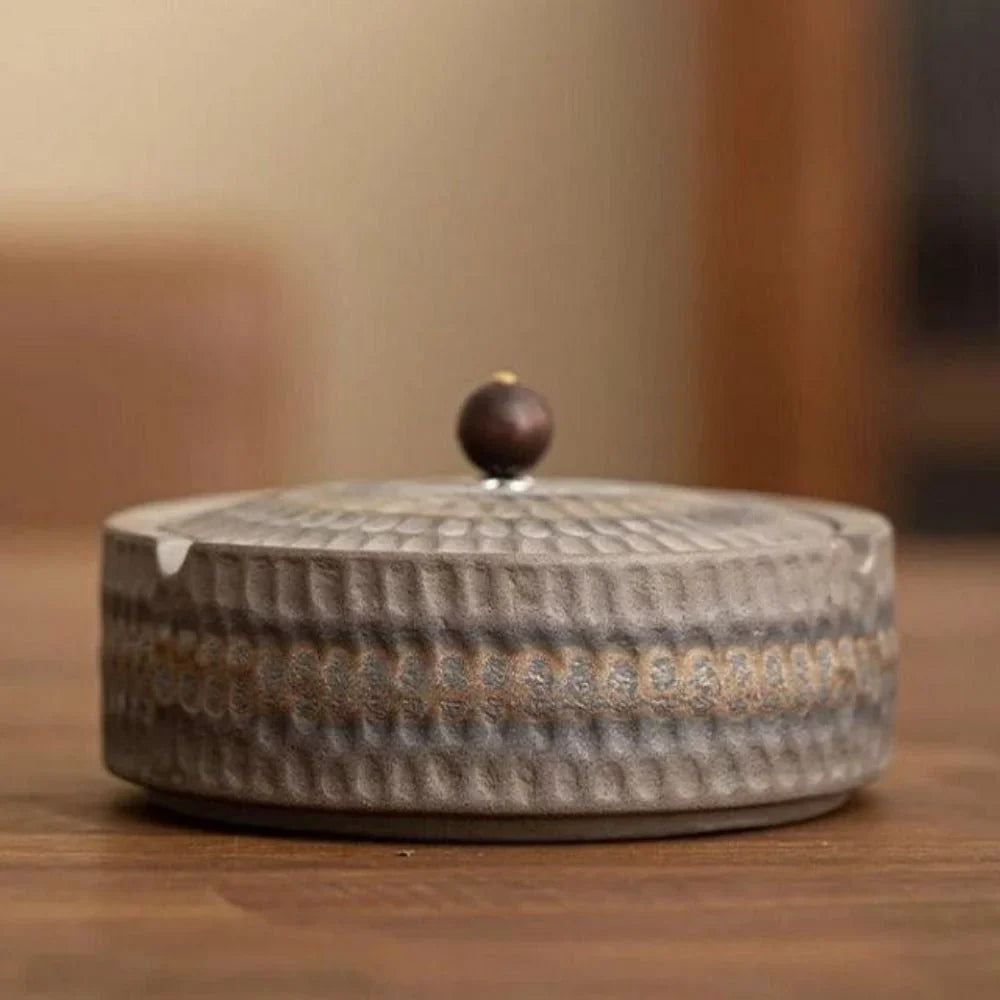 Ashtray Glazed Ceramic Deep Bowl Wooden Lid