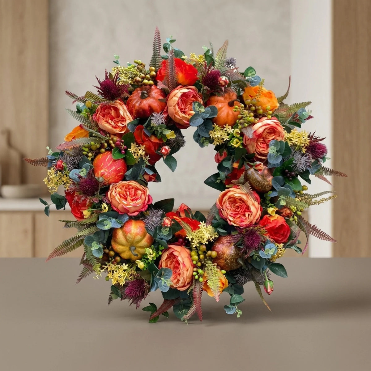 Autumn Wreath Faux Pumpkins & Leaves 15.7-Inch Rattan Decor