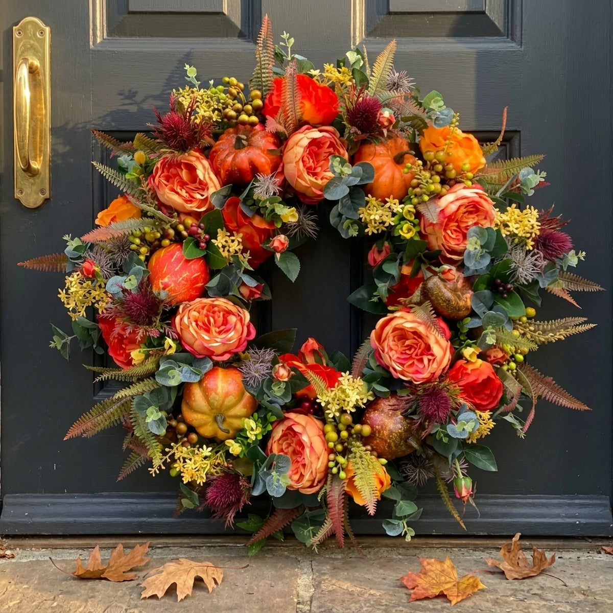 Autumn Wreath Faux Pumpkins & Leaves 15.7-Inch Rattan Decor