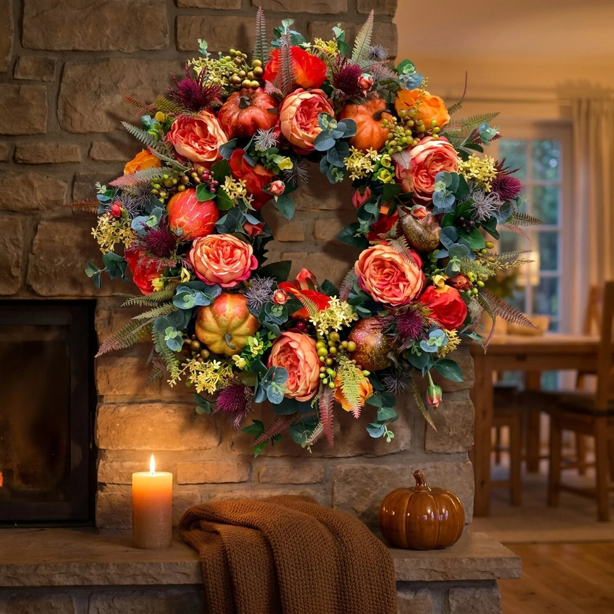 Autumn Wreath Faux Pumpkins & Leaves 15.7-Inch Rattan Decor
