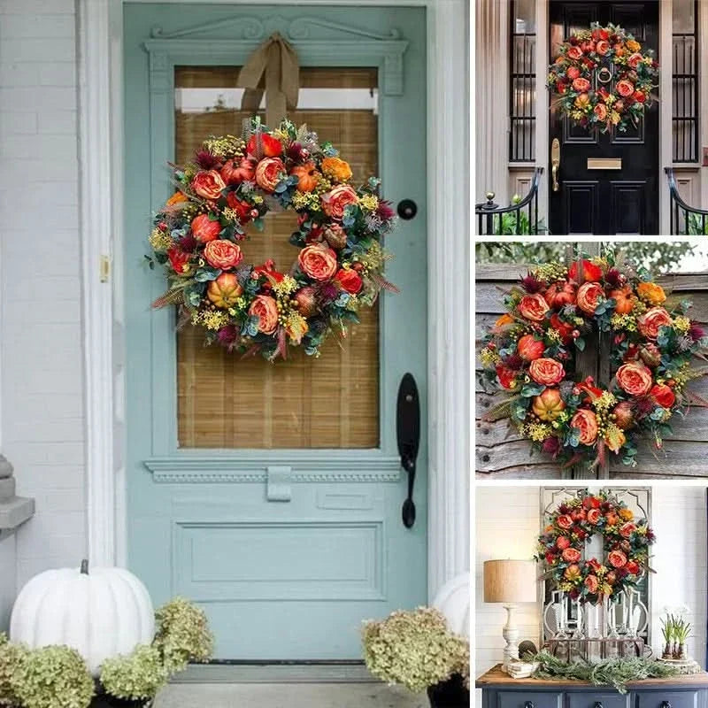 Autumn Wreath Faux Pumpkins & Leaves 15.7-Inch Rattan Decor