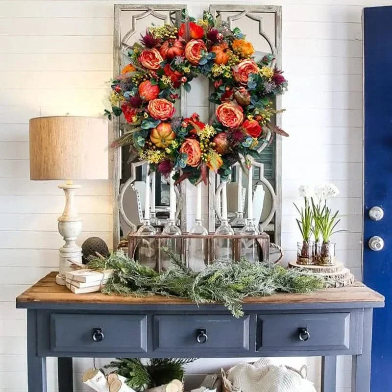 Autumn Wreath Faux Pumpkins & Leaves 15.7-Inch Rattan Decor