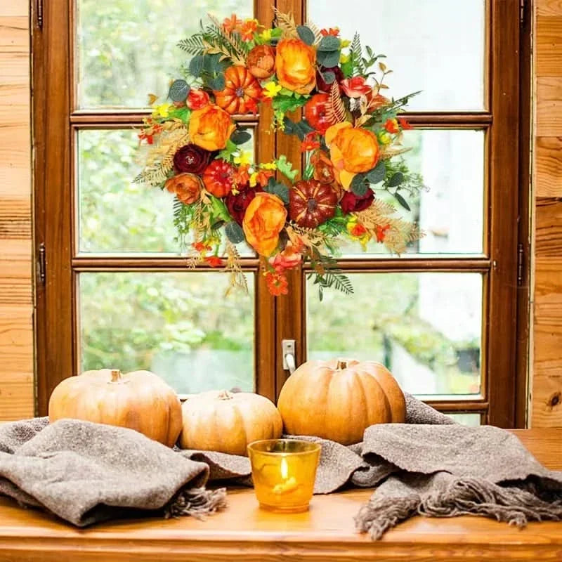 Autumn Wreath Faux Pumpkins & Leaves 15.7-Inch Rattan Decor