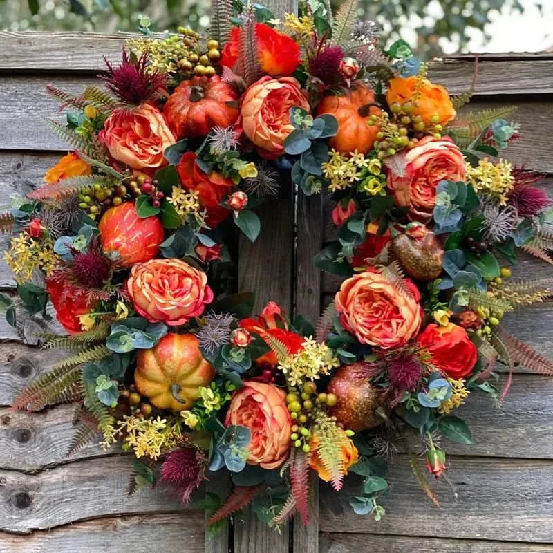 Autumn Wreath Faux Pumpkins & Leaves 15.7-Inch Rattan Decor