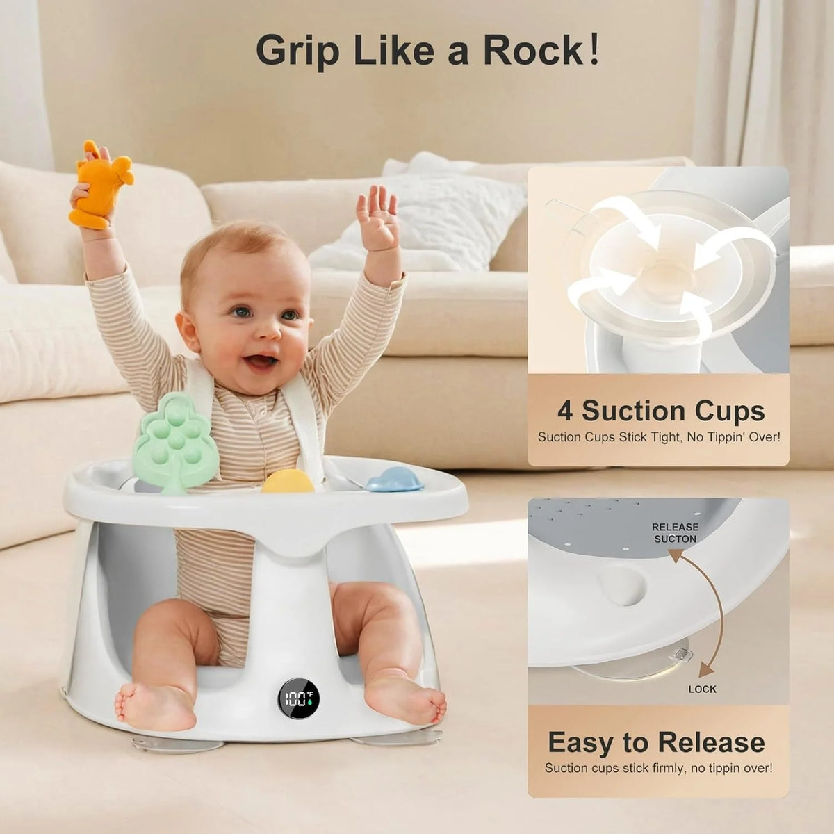 Baby Bath Seat Non-Slip Suction Base Temperature Display