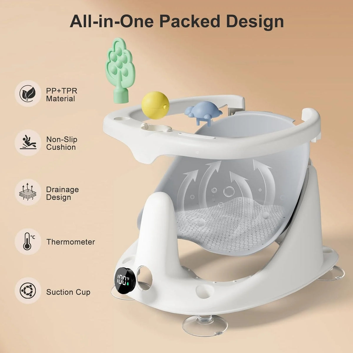 Baby Bath Seat Non-Slip Suction Base Temperature Display