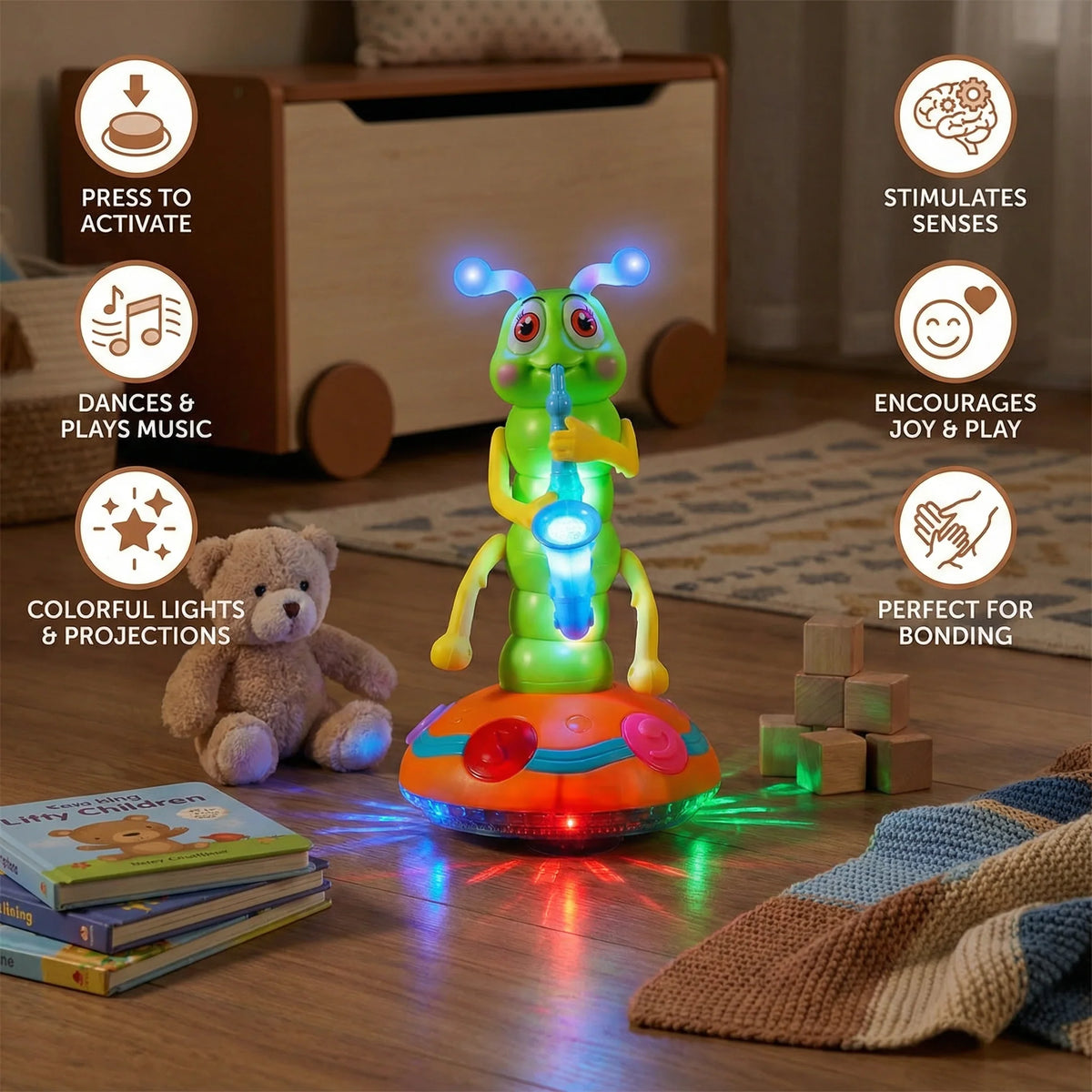 Baby Caterpillar Toy Spinning LED Lights & Music