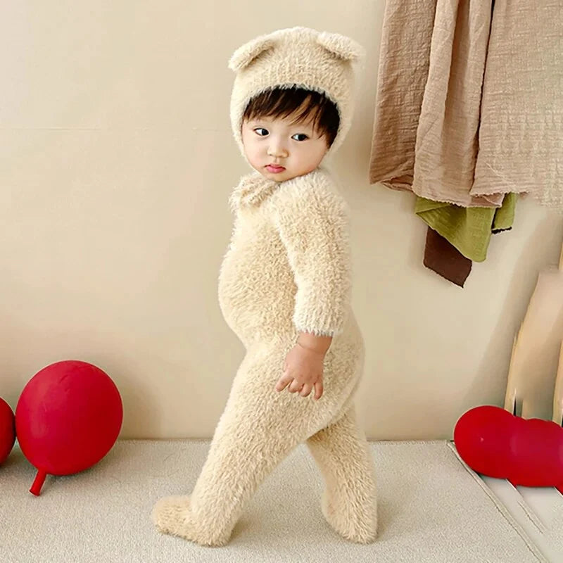 Baby Jumpsuit Plush Bear Print Full-Length Closure