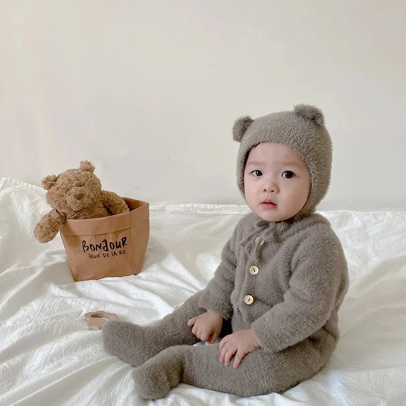 Baby Jumpsuit Plush Bear Print Full-Length Closure