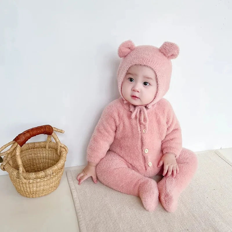 Baby Jumpsuit Plush Bear Print Full-Length Closure