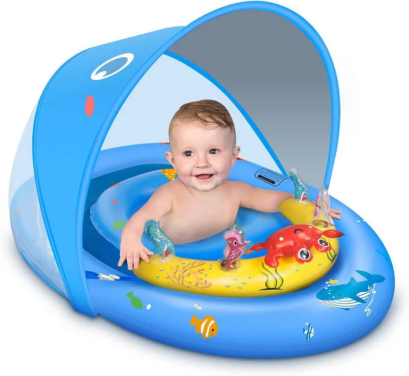 Baby Pool Float Adjustable UPF 50 Canopy Dual Air Chambers Mesh Seat