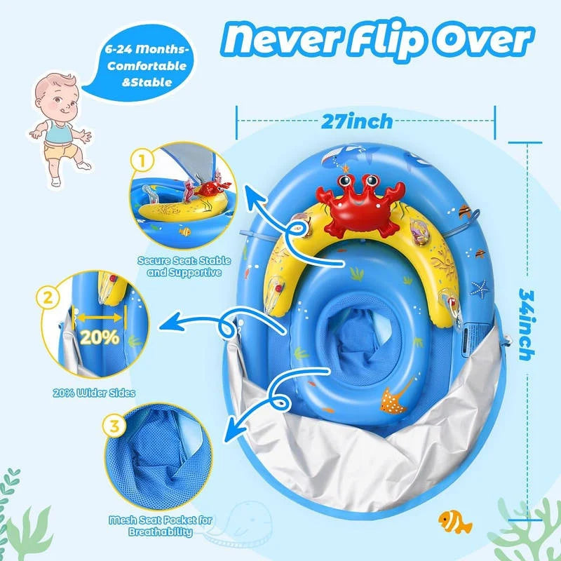 Baby Pool Float Adjustable UPF 50 Canopy Dual Air Chambers Mesh Seat