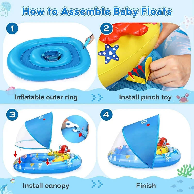 Baby Pool Float Adjustable UPF 50 Canopy Dual Air Chambers Mesh Seat