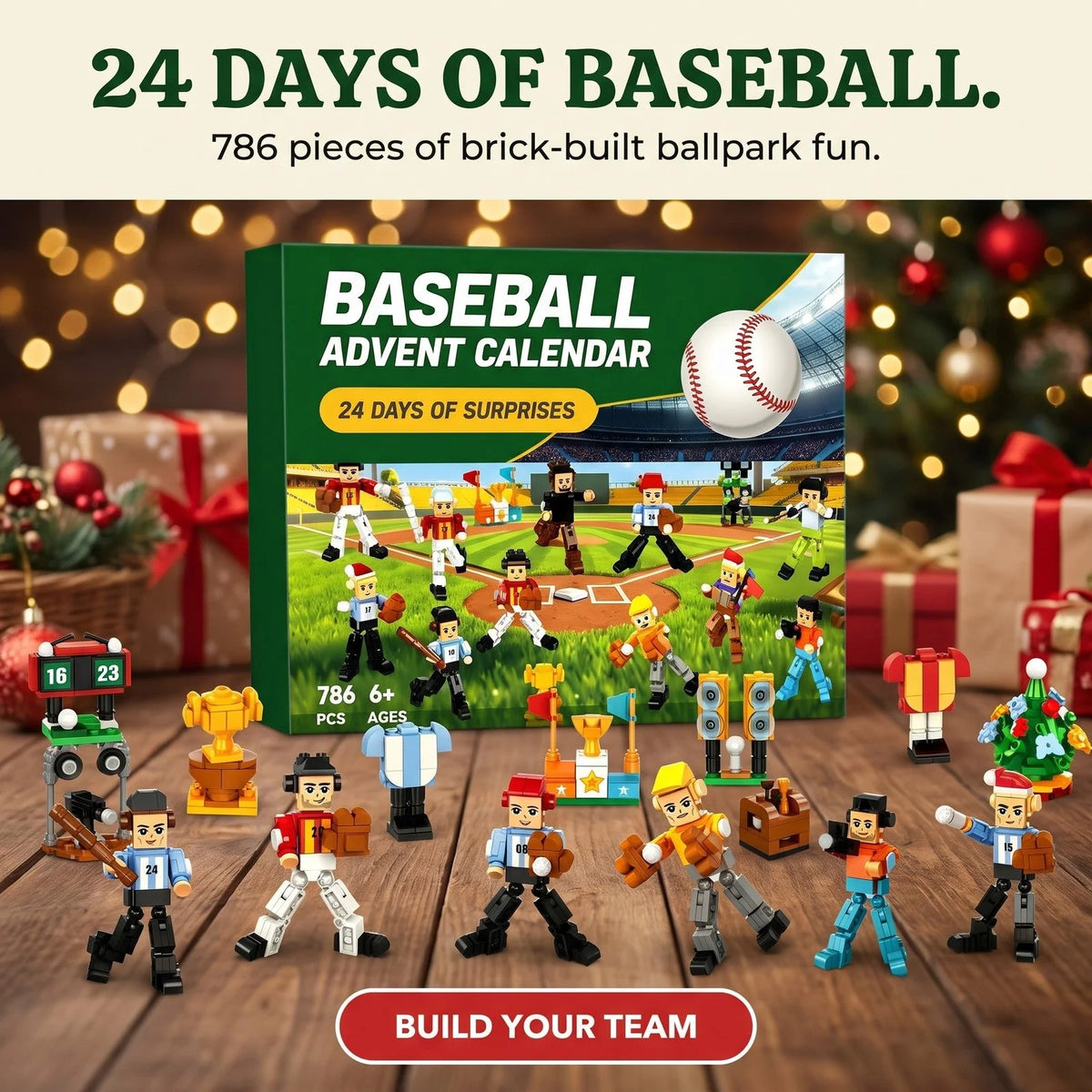 Baseball Advent Calendar 786-Piece Brick Building Set with Posable Players