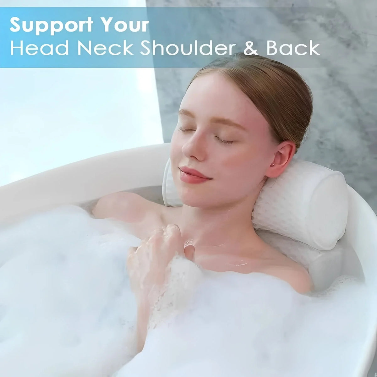 Bath Pillow Contoured Foam 6 Suction Cups Quick-Drying Mesh