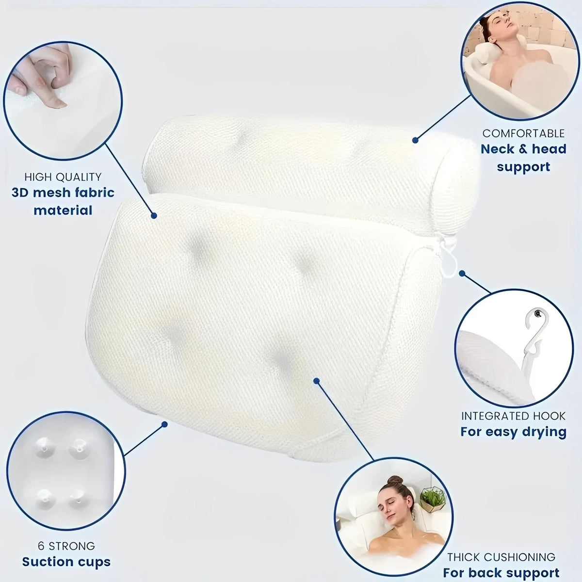Bath Pillow Contoured Foam 6 Suction Cups Quick-Drying Mesh