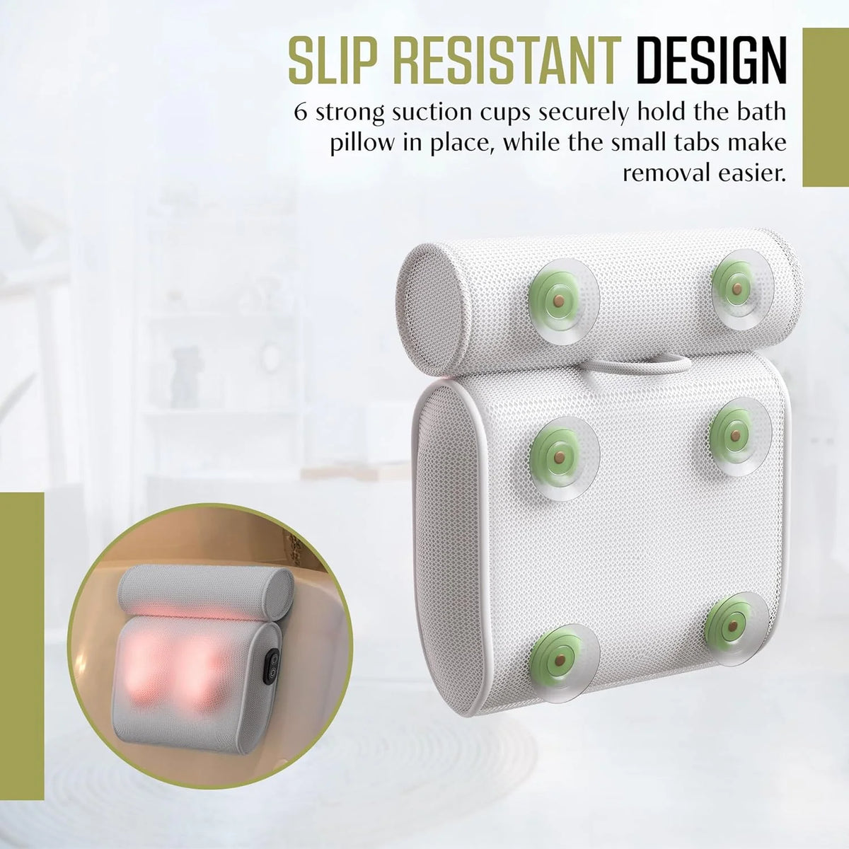 Bath Pillow Contoured Foam Support With Six Suction Cups, Fast-Drying Design