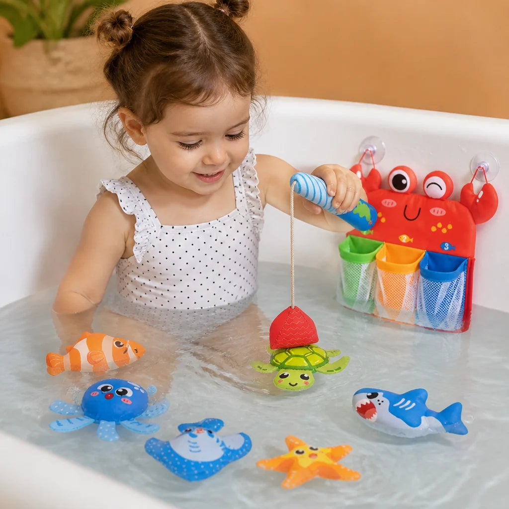 Bath Toy Set Magnetic Fishing Floating Animals & Mesh Net