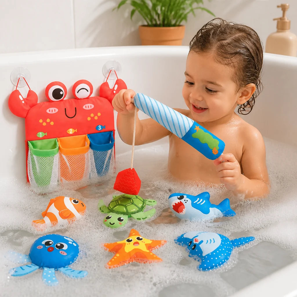 Bath Toy Set Magnetic Fishing Floating Animals & Mesh Net