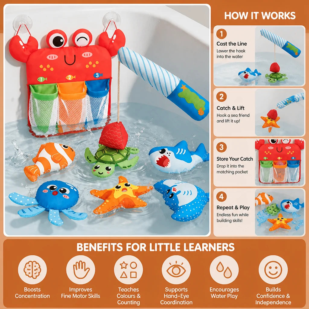 Bath Toy Set Magnetic Fishing Floating Animals & Mesh Net