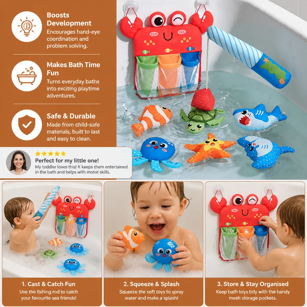 Bath Toy Set Magnetic Fishing Floating Animals & Mesh Net