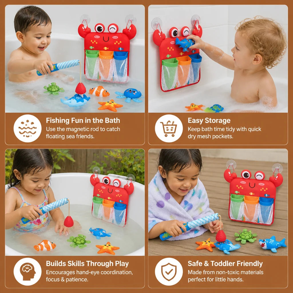 Bath Toy Set Magnetic Fishing Floating Animals & Mesh Net