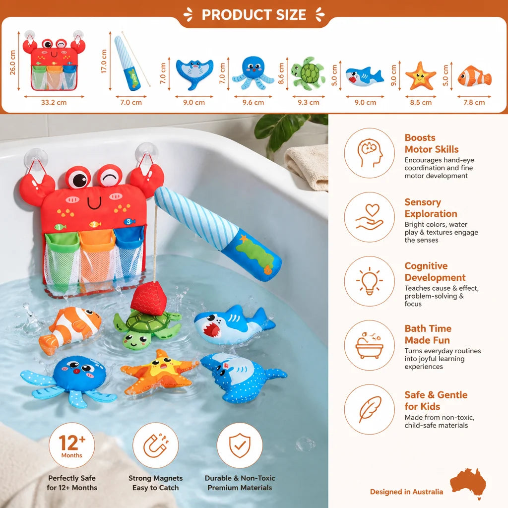Bath Toy Set Magnetic Fishing Floating Animals & Mesh Net