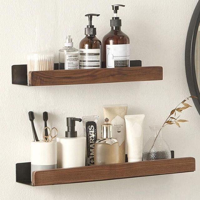 Bathroom Corner Shelf Solid Wood Water-Resistant Adhesive Mount