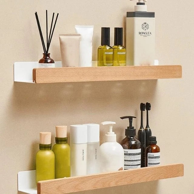 Bathroom Corner Shelf Solid Wood Water-Resistant Adhesive Mount