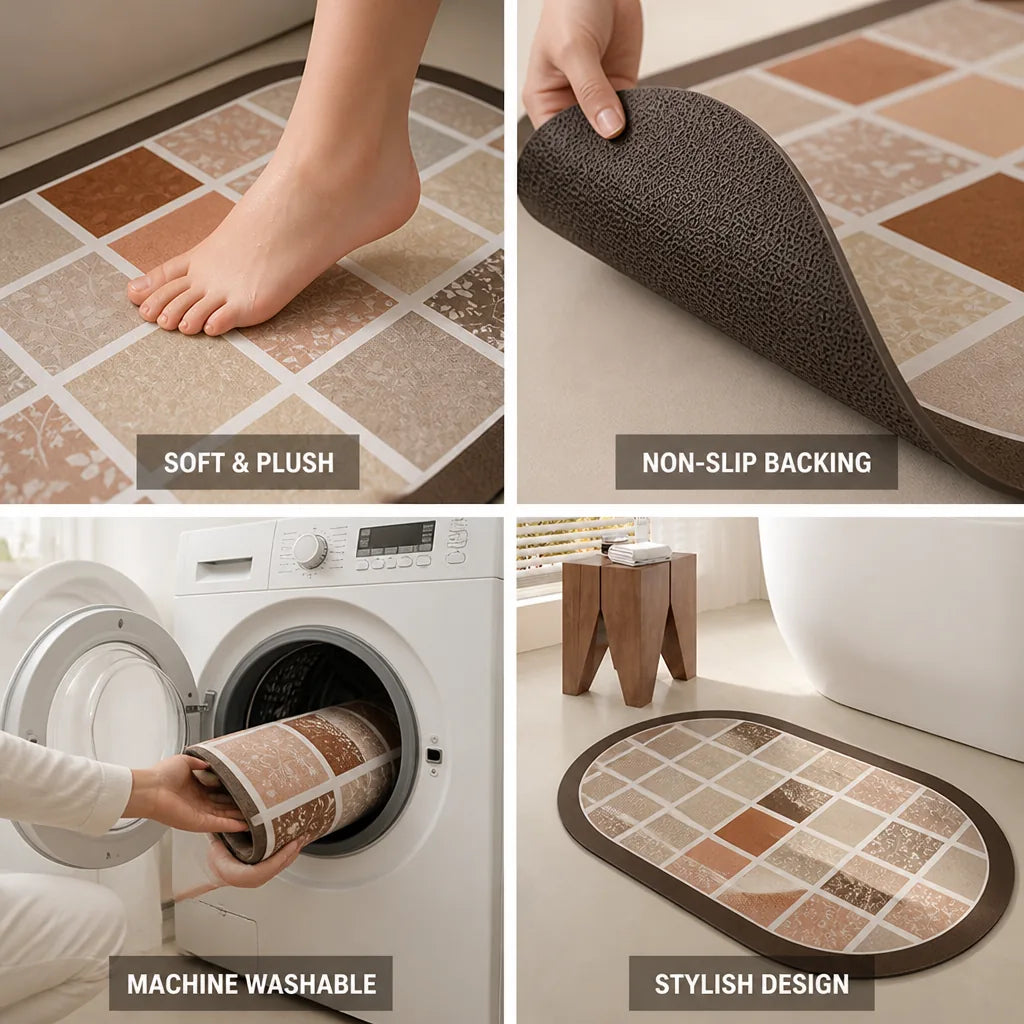 Bathroom Rug Plush Oval Non-Slip & Machine-Washable