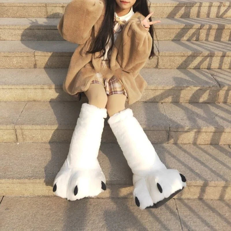 Bear Paw Slippers Faux Fur Lined Non-Slip Rubber Sole