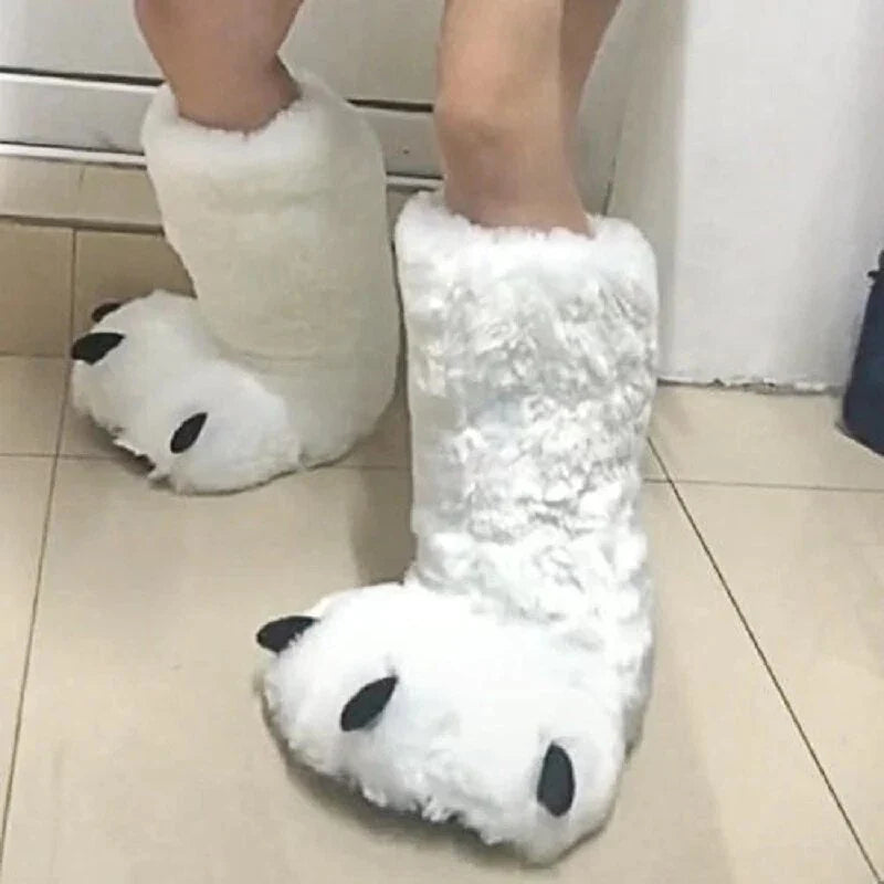 Bear Paw Slippers Faux Fur Lined Non-Slip Rubber Sole