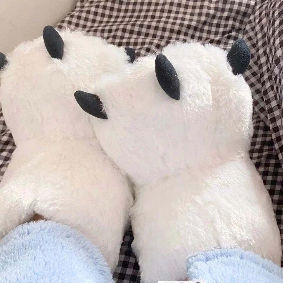Bear Paw Slippers Faux Fur Lined Non-Slip Rubber Sole