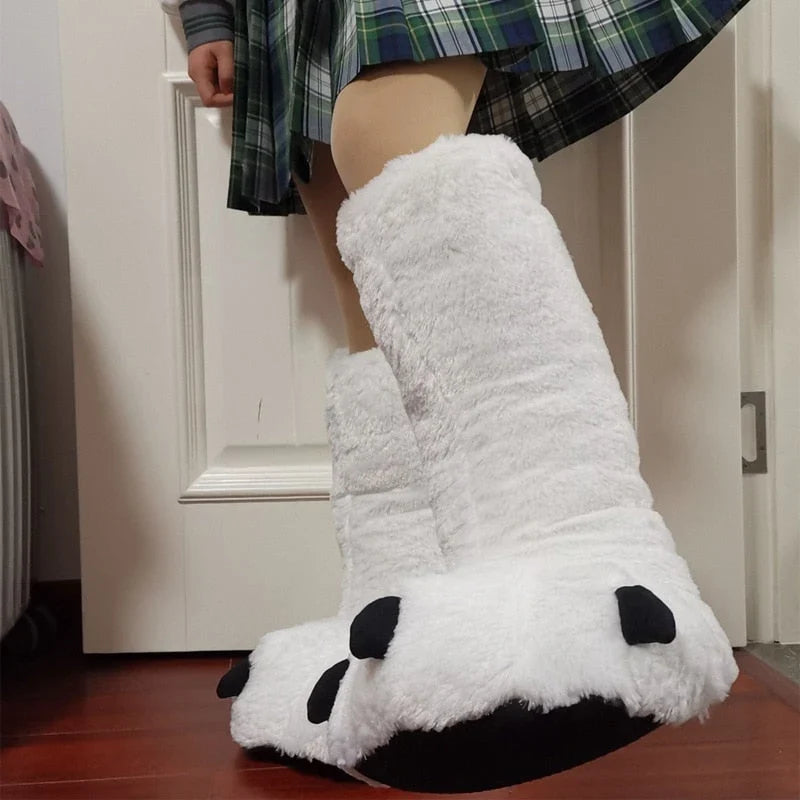 Bear Paw Slippers Faux Fur Lined Non-Slip Rubber Sole