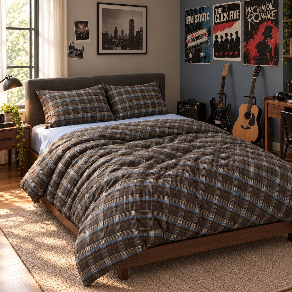 Bedding Set 100% Cotton Brown Plaid Breathable Washable
