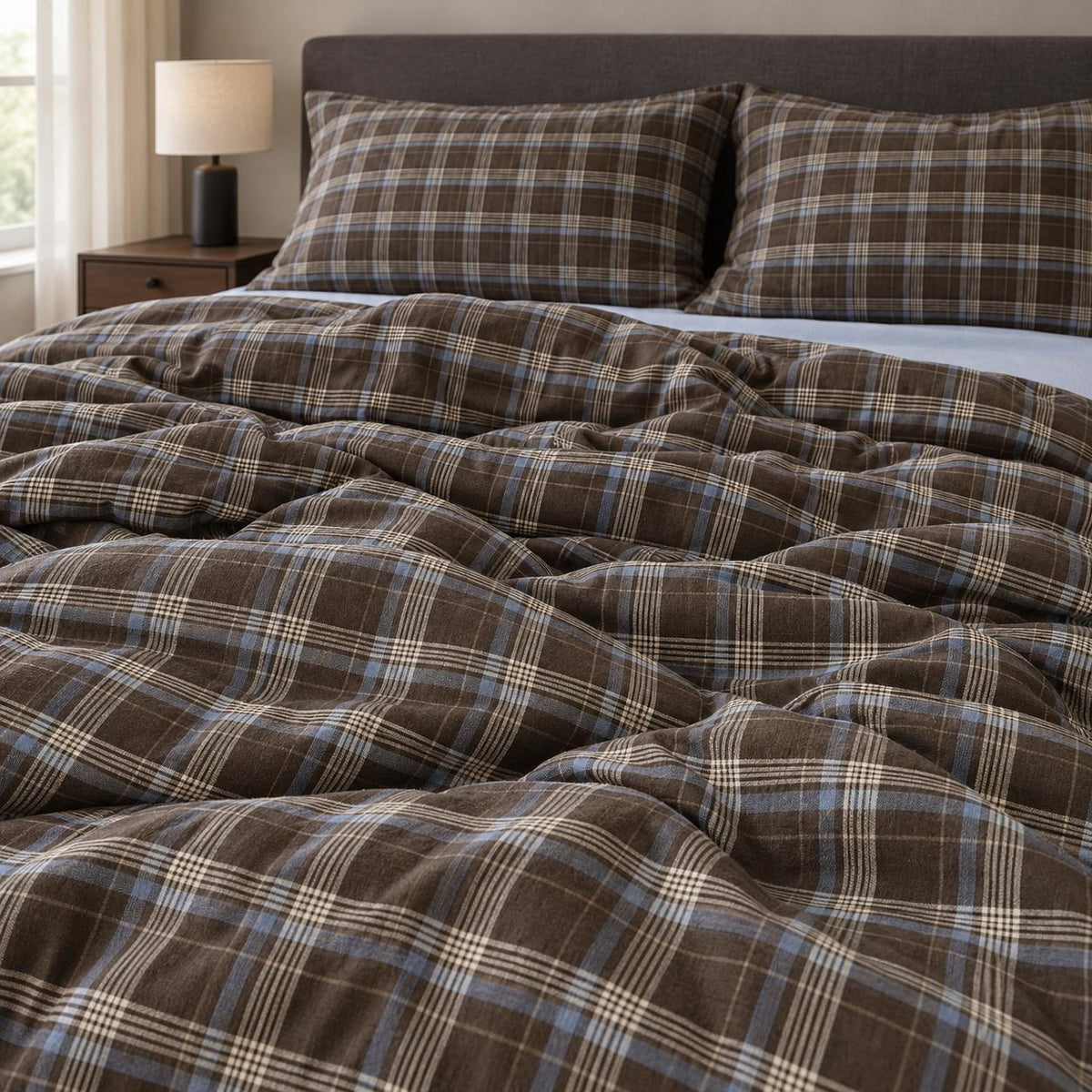 Bedding Set 100% Cotton Brown Plaid Breathable Washable